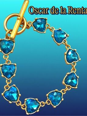 Oscar de la Renta Gold-Tone BRIGHT BLUE Crystal Hearts✨Toggle Bracelet